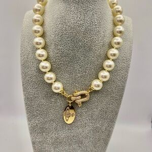 Vivienne Westwood gold tone horseshoe encrusted w/ crystals and Pearl necklace